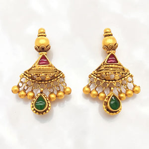 Traditional Gold Earrings with Green Stone