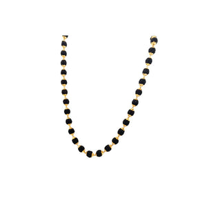 Traditional gold designer mala featuring natural Rudraksha beads paired with decorative gold bead spacers on a white background.