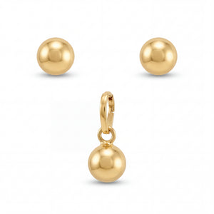 Minimalist 22KT yellow gold pendant set featuring polished gold ball pendant with matching round stud earrings on a white background.