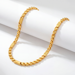 22KT BIS Hallmarked gold designer bar link chain featuring polished curb links with textured rectangular bar accents in a modern Figaro-inspired design. A stylish yellow gold chain for men, ideal for everyday wear, festive occasions, and gifting from Pachchigar Jewellers.