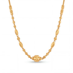 Elegant 22KT yellow gold necklace featuring textured beads, elongated oval accents, and a decorative center bead on a white background.