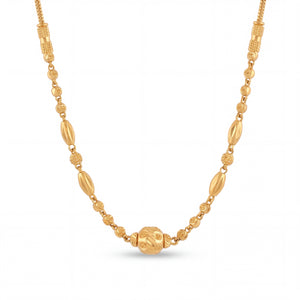 Elegant 22KT yellow gold necklace featuring textured beads, elongated oval accents, and a decorative center bead on a white background.
