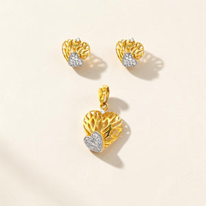 22K Gold Heart Pendant Set with CZ Stones | Minimal Everyday Heart Design Earrings & Pendant