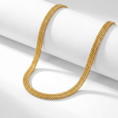 22KT BIS Hallmarked gold flat mesh chain featuring a finely woven link pattern with a sleek, flexible design and brilliant yellow gold finish. A timeless, lightweight gold chain ideal for everyday wear, layering, festive occasions, and gifting from Pachchigar Jewellers.