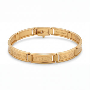 Elegant 22KT gold bracelet featuring rectangular links engraved with Greek key pattern on a white background.