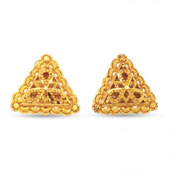 Luxurious 22KT yellow gold designer earrings featuring circular heritage motif, detailed openwork craftsmanship, and polished finish on a white background.