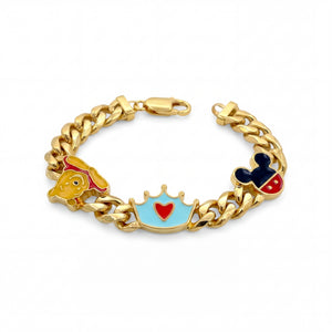 Adorable 22KT yellow gold bracelet featuring chunky chain links with colorful enamel cartoon character, crown, and mouse-inspired charms on a white background.