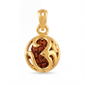 Spiritual 22KT yellow gold pendant featuring a natural Rudraksha bead enclosed in an elegant openwork frame with Om-inspired flowing design on a white background.