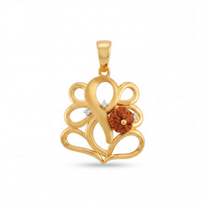 Spiritual 22KT yellow gold pendant featuring an artistic Om-inspired openwork design with natural Rudraksha bead and diamond accents on a white background.
