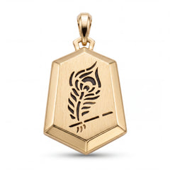 Elegant 22KT yellow gold geometric pendant featuring a brushed finish with intricate peacock feather engraving on a white background.