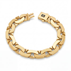Luxurious 22KT gold men’s bracelet featuring statement interlocked links with dual finish detailing on a white background.