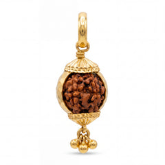 Sacred 22KT yellow gold pendant featuring a natural Rudraksha bead centerpiece, decorative gold caps, and dangling bead charms on a white background.