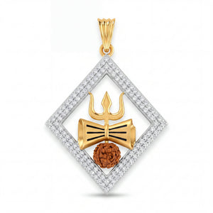 Divine 22KT gold pendant featuring a diamond-studded geometric frame with Trishul, Shivling motif, and natural Rudraksha bead centerpiece on a white background.