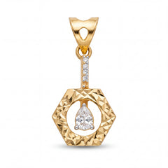 Stylish 22KT yellow gold pendant featuring a textured hexagon frame, diamond-studded bail, and pear-shaped solitaire diamond drop centerpiece on a white background.