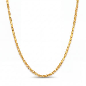 Elegant 22KT yellow gold chain necklace featuring textured cylindrical links and polished patterned chain detailing on a white background.