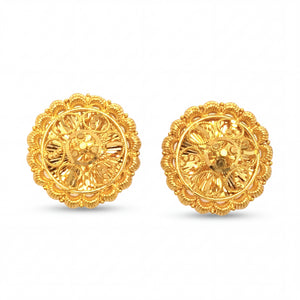 Beautiful 22KT yellow gold round stud earrings with ornate traditional pattern and textured floral center on a white background.