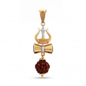 Divine 22KT yellow gold pendant featuring Trishul and Damru motifs with a natural Rudraksha bead drop in a two-tone gold finish on a white background.