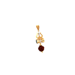 Divine 22KT yellow gold pendant featuring Trishul and Damru motifs with a natural Rudraksha bead drop in a two-tone gold finish on a white background.