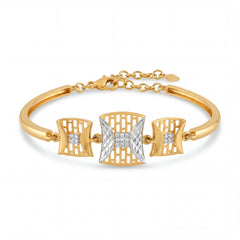 Elegant 22KT gold bracelet featuring three geometric center motifs with white gold accents and diamond detailing on a white background.