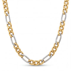 Stylish 22KT yellow gold chain necklace featuring two-tone Figaro link design with alternating polished white and yellow gold links on a white background.