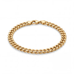 22KT yellow gold bracelet featuring polished Miami Cuban curb links with lobster clasp on a white background.