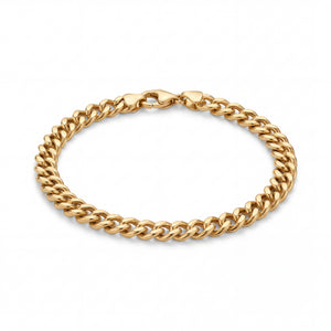 22KT yellow gold bracelet featuring polished Miami Cuban curb links with lobster clasp on a white background.