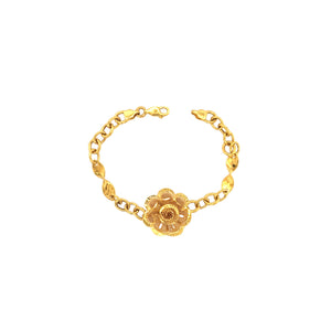 Elegant 22K yellow gold bracelet featuring a detailed floral filigree centerpiece with textured chain links and a secure clasp on a white background.