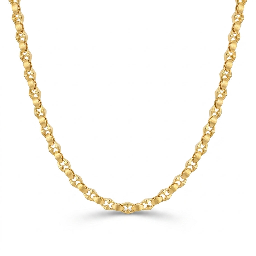 Elegant 22K yellow gold floral weave chain necklace featuring oval textured links with intricate openwork detailing on a white background.