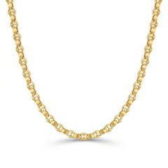 Elegant 22K yellow gold floral weave chain necklace featuring oval textured links with intricate openwork detailing on a white background.
