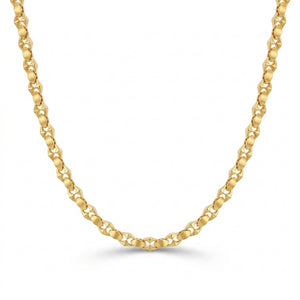 Elegant 22K yellow gold floral weave chain necklace featuring oval textured links with intricate openwork detailing on a white background.