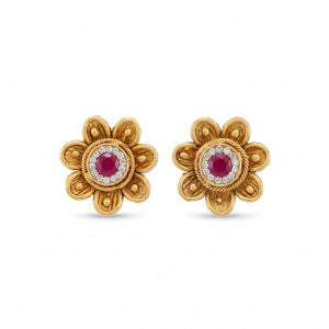 Traditional 22K yellow gold flower shape earrings with red ruby centerpiece and detailed textured petals crafted by Pachchigar Jewellers Ashokbhai