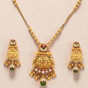 Antique Gold Necklace Set | Traditional South-Indian Nakshi Pendant with Jhumka Earrings
