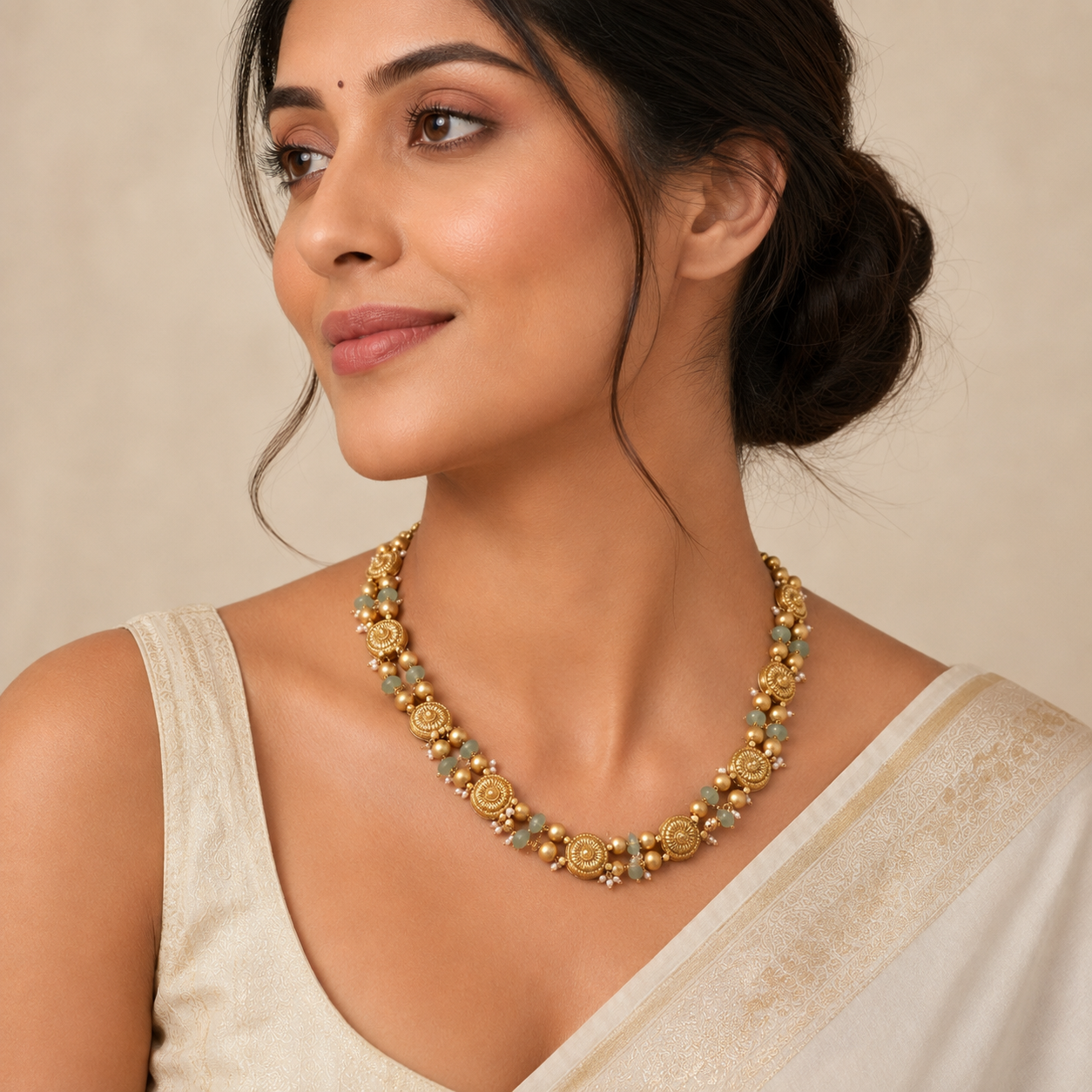 Woman wearing a 22K gold floral necklace featuring pastel green gemstone beads, textured gold floral motifs, and delicate pearl accents, paired with a beige saree for an elegant and contemporary traditional look.