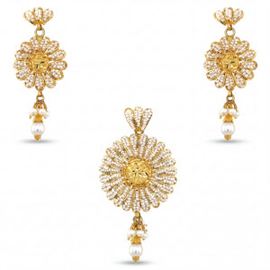 Traditional 22K yellow gold pendant set featuring sunflower-inspired pearl bead motifs with hanging pearl drops and matching statement earrings.