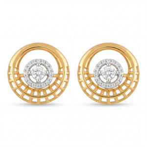 Stylish 22K yellow gold round earrings with geometric lattice detailing and brilliant diamond cluster centerpiece by Pachchigar Jewellers Ashokbhai
