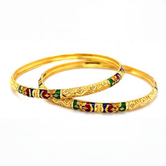 Elegant 22K yellow gold pair bangles featuring intricate multicolor meenakari enamel work in red, green, and blue with traditional embossed detailing.