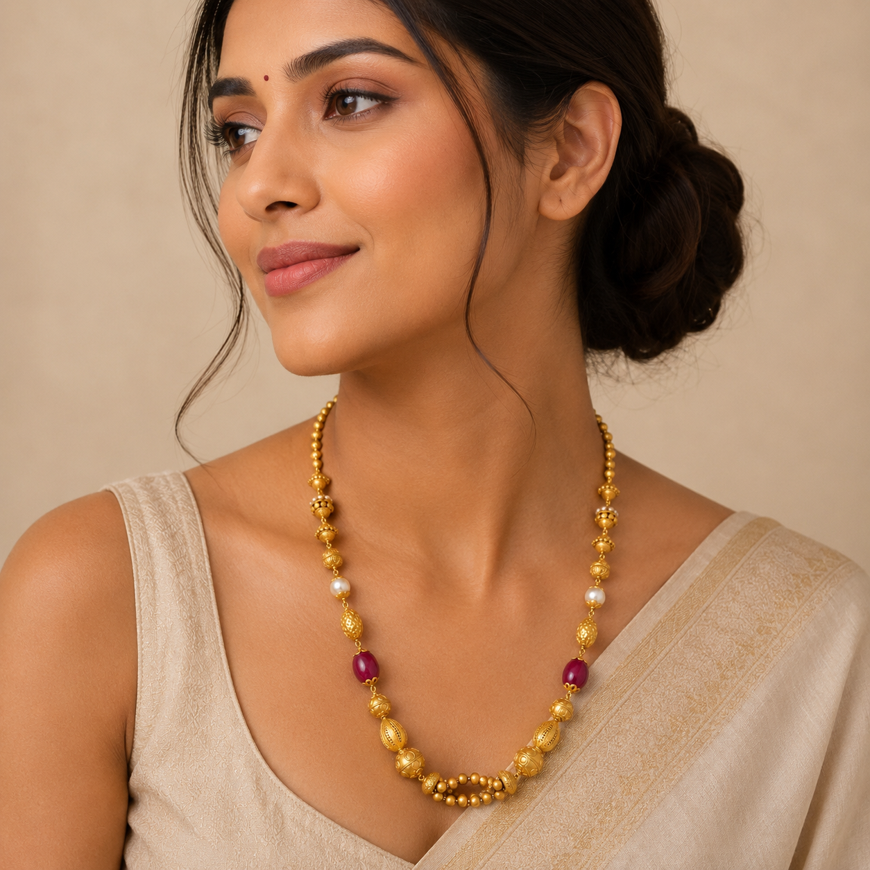 Woman wearing a 22K gold ruby pearl beaded necklace featuring deep ruby-colored beads, lustrous white pearls, textured gold beads, and a traditional gold centerpiece, paired with a beige saree for an elegant ethnic look.