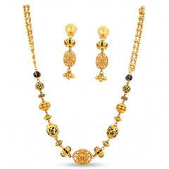 Traditional 22K yellow gold long necklace set featuring ornate filigree beads, antique detailing, black enamel accents, and matching dangling earrings.