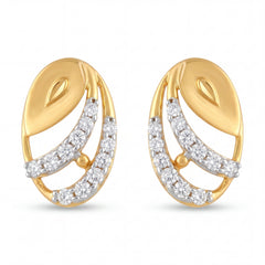 Elegant 22K yellow gold diamond leaf design stud earrings featuring curved sparkling diamond rows in an oval silhouette by Pachchigar Jewellers Ashokbhai