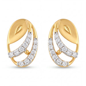 Elegant 22K yellow gold diamond leaf design stud earrings featuring curved sparkling diamond rows in an oval silhouette by Pachchigar Jewellers Ashokbhai