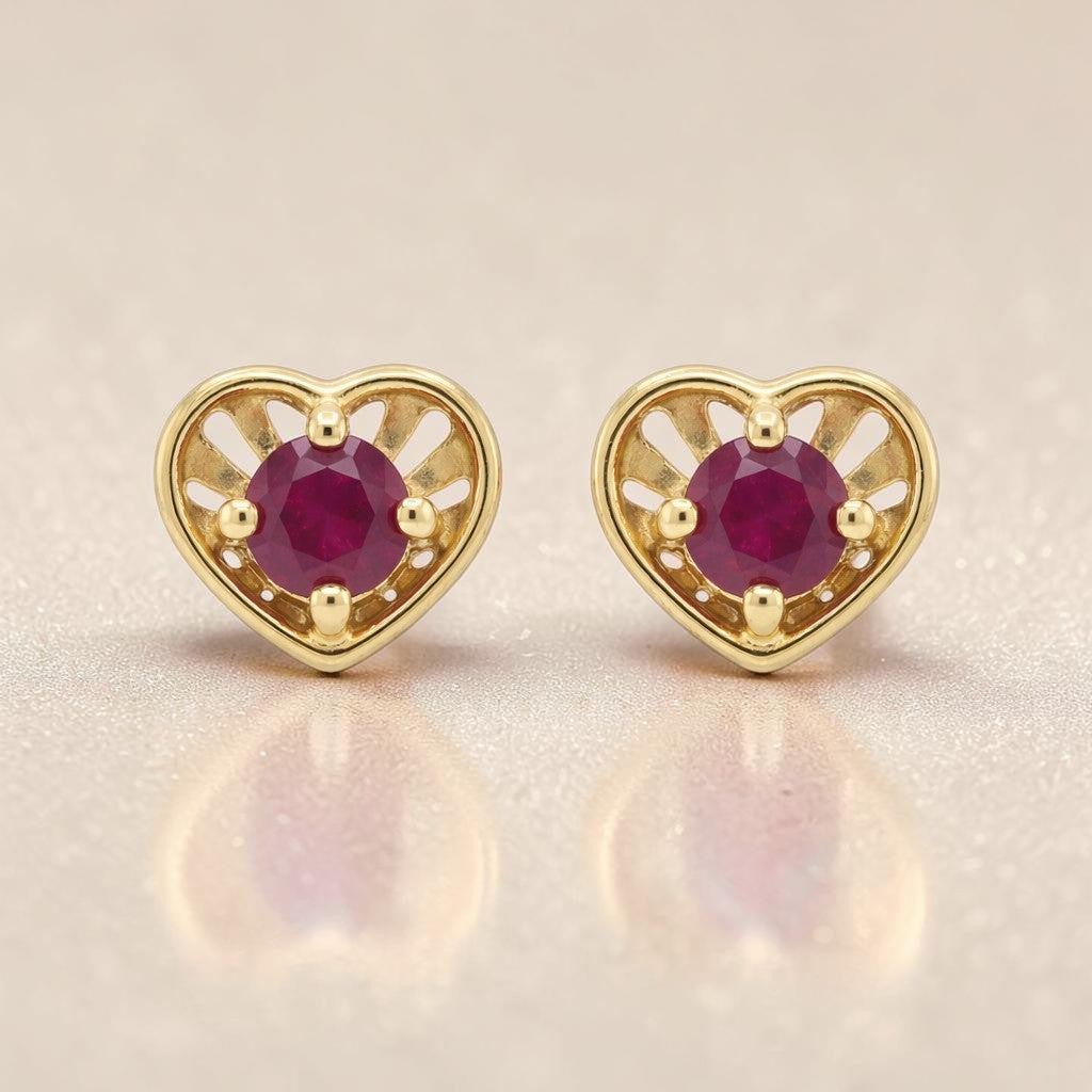 22KT Gold Heart Shape Stud Earrings with Red Stone