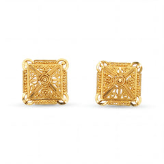 Elegant 22K yellow gold square heritage stud earrings featuring handcrafted filigree motifs with intricate traditional detailing by Pachchigar Jewellers Ashokbhai