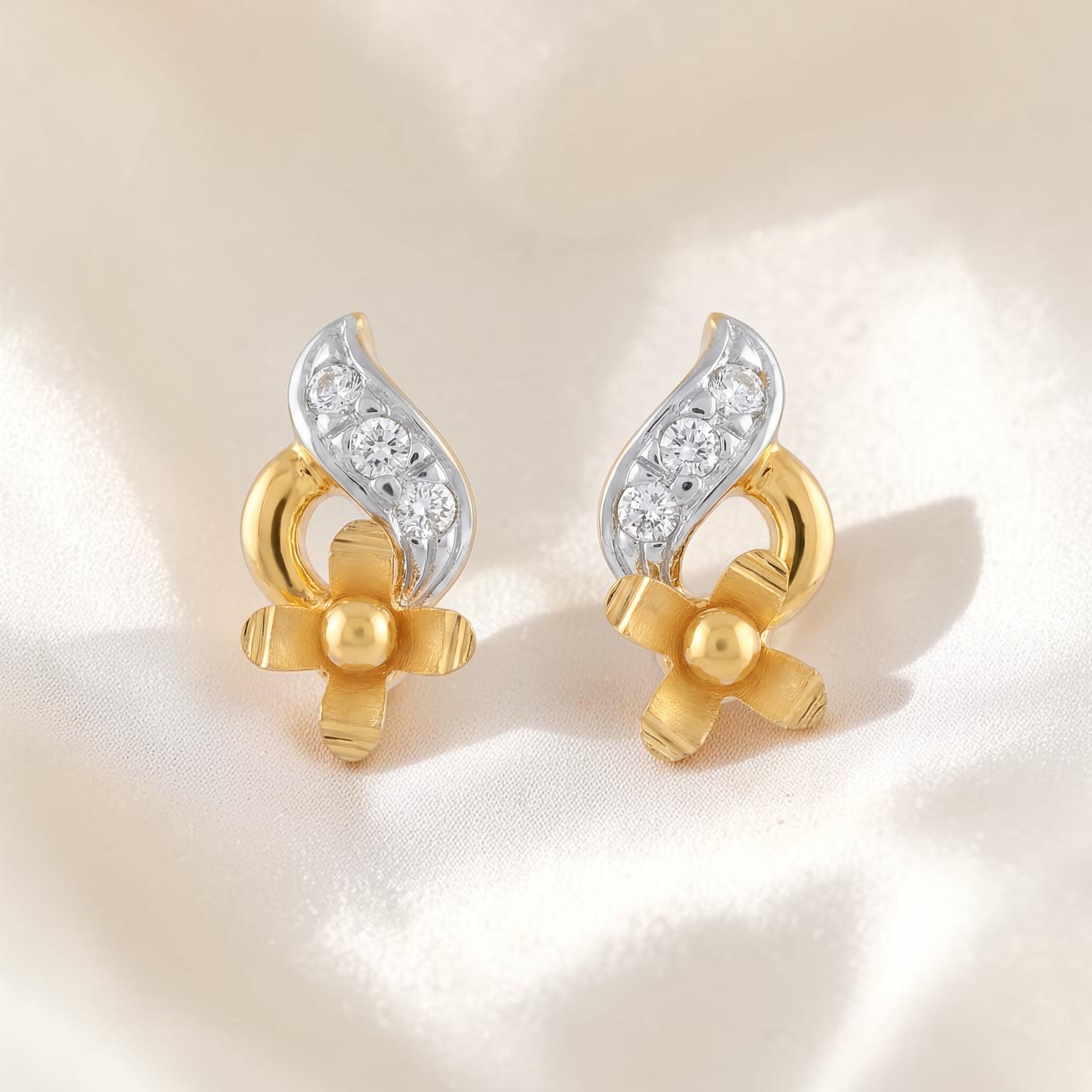 22KT Gold Two Tone Floral CZ Stud Earrings