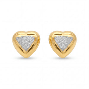 Elegant 22K yellow gold heart stud earrings featuring textured white rhodium center with polished gold heart frame by Pachchigar Jewellers Ashokbhai