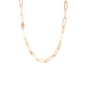 Designer Rose Gold Necklace Elongated Links & Pearl Combo
