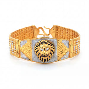 916 gold men’s bracelet with lion face center design, diamond-cut texture, and white gold accents on a white background.