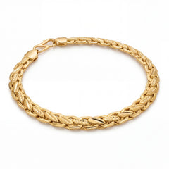 Beautiful 22KT gold bracelet showcasing textured woven chain links with secure clasp on a white background.