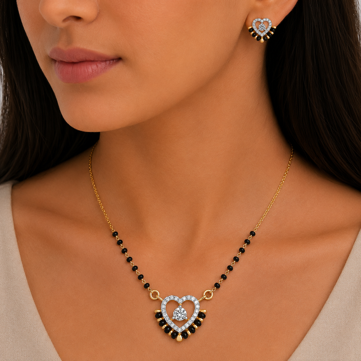 Heart Shape Diamond Mangalsutra Set in 18KT Gold