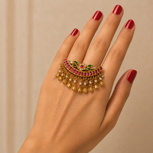 22KT Antique Gold Jadau Ring -Pink & Green Stone Work