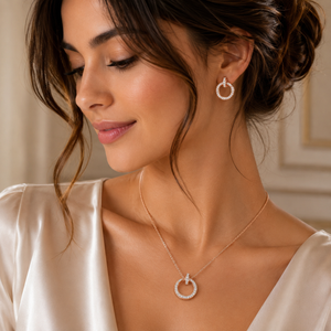 18KT Diamond Circular Pendant Set with Hoop Earrings